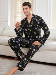 CoupledUp بدلة بيجامة للرجال، متكونة من ملابس علوية كم طويل أحادية الصدر وبنطلون مطبوع بطبعة الزهور التوليب