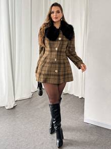 SHEIN Essnce Plus Size Women's Fashionable Casual Commuting Elegant Business Christmas Clothes Winter Clothes For Women Business Casual Woman Going Out Tops Women Vintage Winter Clothes Women Office Wear Women Winter Coat Coats For Women Winter Old Money Style Women Vintage Clothes Women Fluffy Coat Women Stitching False Collar Plaid Waist Coat