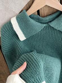 Tween Girls Casual Two-Tone Ruffled Lantern Sleeve Sweater, Autumn/Winter - Green - View 4