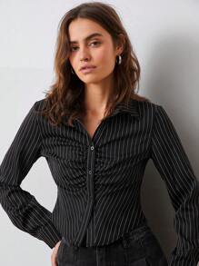SHEIN EZwear Spring/Summer Advanced Black & White Striped Shirt With Ruched Front And Fitted Long Sleeves - Black and White - View 6