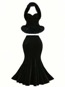 SHEIN Unity Plus Size Women Fluffy Collar Sleeveless Backless Mermaid Hem Bodycon Skirt Set, Sexy Velvet Two-Piece Set For Date, Party, Nightclub