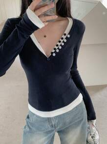 DAZY Women's V-Neck Drop Shoulder 2 In 1 Ruched Long Sleeve Layering Top,Fall Women Clothes - Navy Blue - View 1