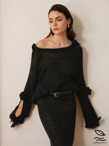 Chiquease Romantic Crochet Floral Off-Shoulder Long Sleeve Sweater And Skirt 2-Piece Set For Women  - Black - View 2