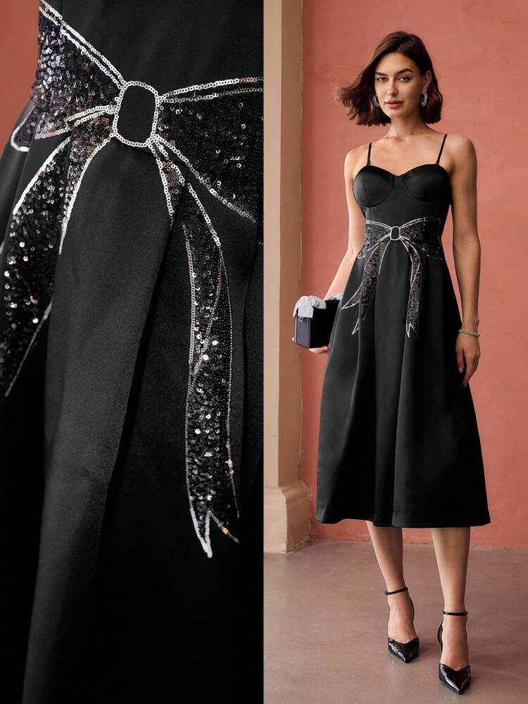 CONTRAST SEQUIN BOW PATTERN BUSTIER SLIP MIDI DRESS