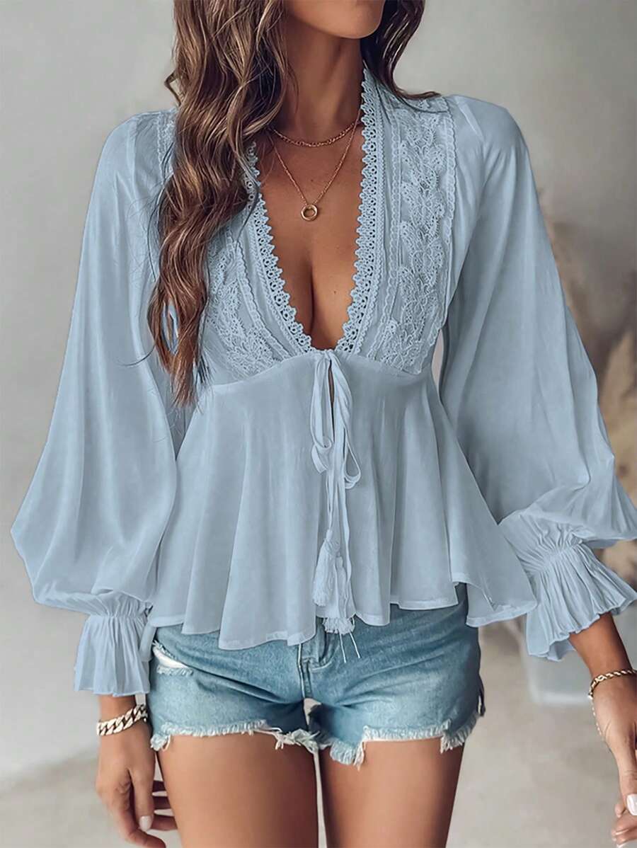 INAWLY 女士休闲蕾丝拼布灯笼袖衬衫荷叶边上衣