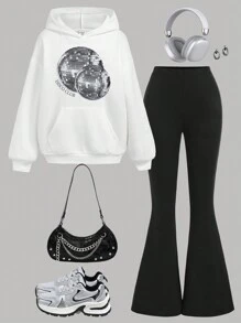 SHEIN Bộ 2 món áo nỉ trùm đầu in họa tiết màu trơn dành cho bé gái tuổi teen và quần ống loe bó sát, phong cách thường ngày dành cho bé gái tuổi teen - Đen và trắng - Xem 1