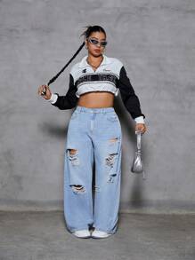 SHEIN ICON Plus Size Women Casual Distressed Denim Jeans - Blue - View 5