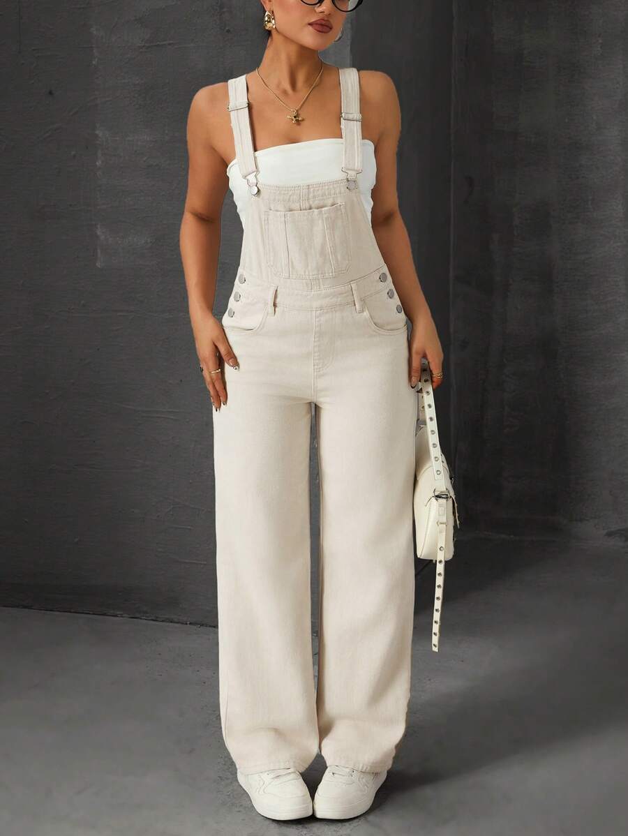 SHEIN ICON 女式简约休闲宽肩带纽扣连体裤 - 卡其色 - 查看 1