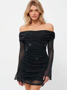 SHEIN EZwear Damska plisowana sukienka mini z siateczki z odkrytymi ramionami i brokatem, z długim rękawem
