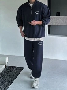 DAZY 男士纯蓝色卫衣套装，秋季七分拉链款 - 藍色 - 查看 5