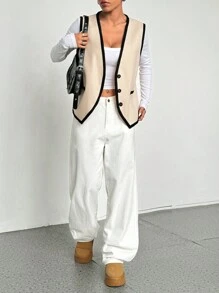 Lunelith SHEIN Lunessa Parte superior informal con botones en el frente, sin mangas, con bolsillo y ribete de contraste, para uso diario