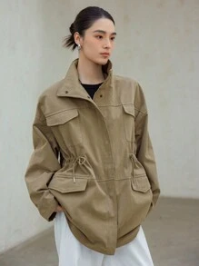 Dazy-Less Locker geschnittene einfarbige Jacke mit großer Tasche für Damen, Herbstbekleidung Damenmäntel - Armeegrün - Übersicht 3