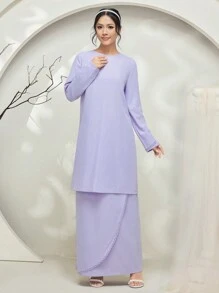 Veilorie Baju Kurung 2pcs/Set Extra Long Wavy Ruffle Hem Crop Top And Maxi Skirt Modest