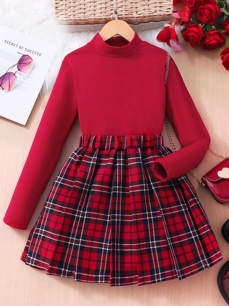 Set de 2 piezas Blusa de manga larga acanalada roja y falda a cuadros rojos para niñas preadolescentes, apto para Navidad - Rojo - Ver 1