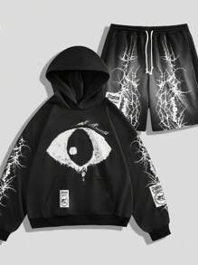 Manfinity VCAY Men's Digital Print Loose Knit Long Sleeve Sweatshirt Set, For Fall Winter - Black - View 1