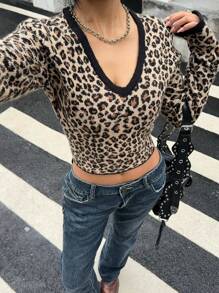 SHEIN Unity Women's Crop V-Neck Leopard Print American-Style Long Sleeve Sweater, Unique Design For Autumn/Winter Knit Pullover Fall - Multicolor - View 5