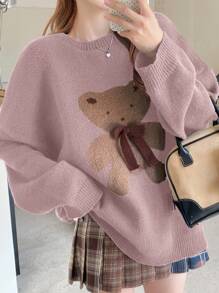 DAZY Women's Casual Crew Neck Cartoon Bear Pattern Sweater For Autumn/Winter - Pink - View 3
