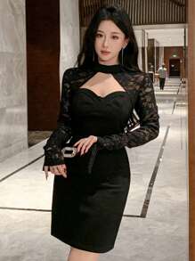 DAZY 女士蕾丝拼布迷你紧身连衣裙舞会礼服优雅秋季连衣裙长袖连衣裙 - 黑色 - 查看 1