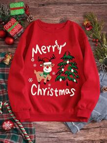 EMERY ROSE 2025 Deer Pattern Casual Minimalist Printed Loose Fit Crew Neck Long Sleeve Thick Sweatshirt For Women