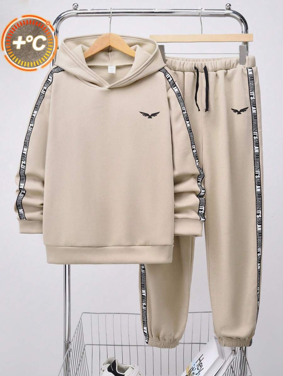 SHEIN Leap Crew Bộ 2 quần dài và áo nỉ trùm đầu thoải mái, rộng rãi, phù hợp với mọi bé trai tuổi teen - Màu Khaki - Xem 1