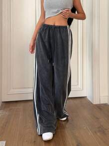 Muchica Women's Retro Distressed Snowflake Side Strap Loose Fit Casual Sports Pants