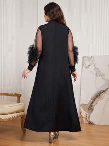 Al Najma 女士宽松加大码高领网眼花卉灯笼袖纹理阿拉伯连衣裙，加大码长款女装