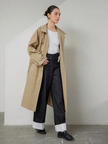 Dazy-Less 女士条纹撞色拼接纯色大口袋抽绳系带风衣女式夹克，秋季女装商务休闲女式工作服