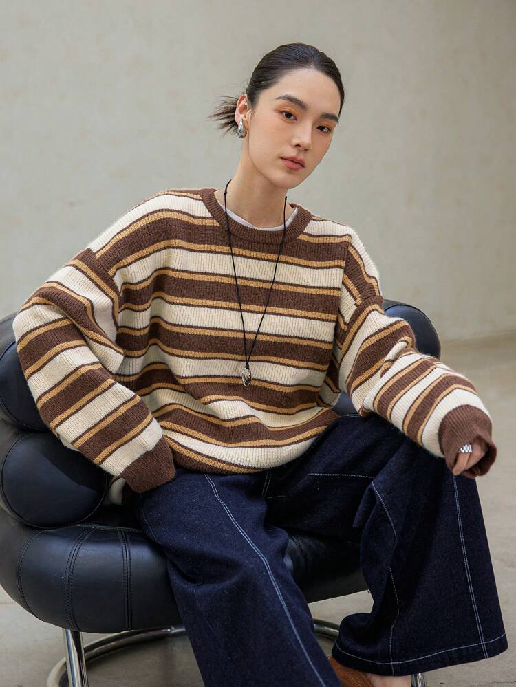 Women's Contrast Color Striped Embroidered Letter Knit Sweater,Fall Clothes