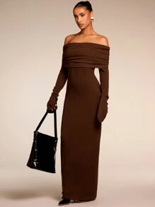 SHEIN BAE Women's Solid Color Off Shoulder Long Sleeve Casual Long Dress,Party Women Outfits,New Years Women Dress,Christmas Women Clothes
