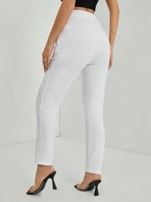 SHEIN PETITE Solid Plicated Detail Skinny Black Pants - White - View 2