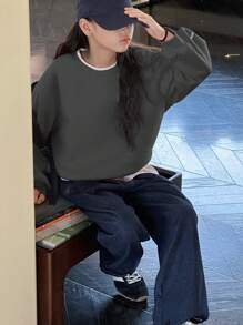 DAZY Tween Girl Round Neck Knit Letter Embroidered Sweatshirt, Tween Girl Fall Clothes - Dark Grey - View 3