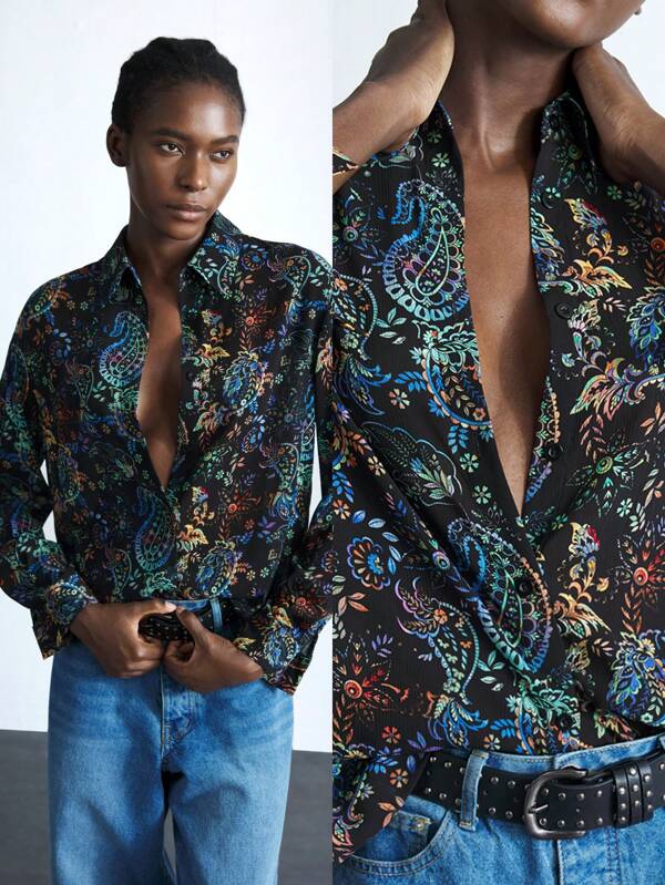Maija Women's Multi-Color Fig Print Totem Pattern Shirt, Turndown Collar, Drop Shoulder, Long Sleeve, Front Button, Comfortable Loose Fit, Versatile For All Seasons, Elegant Urban Style Romantic, Fashion, Versatile; Suitable For Summer Vacation, Comfortable, Bohemian Style, Beach Wear, Swimsuit Cover-Up, Stylish, Elegant, Casual, , Simple Daily Wear, Country Style, Essential, Solid Color, Holiday Casual, Decent, Single Lady, Ideal For Vacation Elegant Fashion Business Casual Woman Going Out Tops Graduation Outfit European Summer Hawaii Outfits Women Summer Dresses For Women Streetwear Women Stockholm Style Teacher Outfits For Women