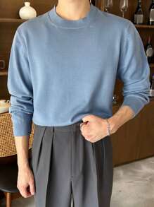 DAZY 男士纯色圆领长袖休闲毛衣，适合秋冬季 - 藍色 - 查看 7