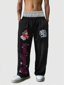 ROMWE MEN Street Life Men's Casual Street Style Patchwork Waistband, Letter & Cross Print, Loose Fit Wide Leg Sweatpants With Side Pockets - Black - View 1