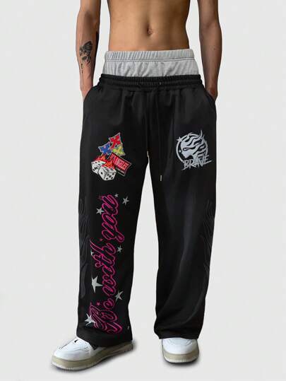 Street Life Men's Casual Street Style Patchwork Waistband, Letter & Cross Print, Loose Fit Wide Leg Sweatpants With Side Pockets
