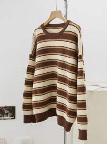 Dazy-Less Suéter de punto con bordado de letras y rayas de color contrastante, ropa de otoño para mujer - Marrón - Ver 9