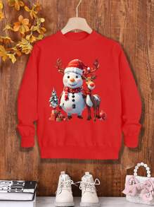 Girls Young Girl Cute Snowman & Deer Graphic Casual Christmas Holiday Knit Sweater - Red - View 1