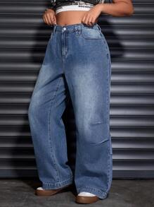 SHEIN EZwear Pantalon en jean large et ample à plis pour femmes grandes tailles, style décontracté de rue