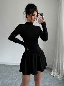 Selianne Đầm mini cổ đứng tay dài màu trơn mùa thu cho nữ - màu đen - Xem 5