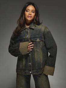 MISSGUIDED 超大牛仔卡车司机夹克翻边宽袖秋冬宽松外套日常休闲街头风格个性单品 - 藍色 - 查看 5