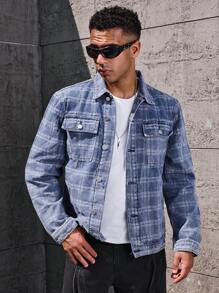 Manfinity LEGND Men's Front Button Long Sleeve Pocket Plaid Casual Denim Jacket - Light Wash - View 3