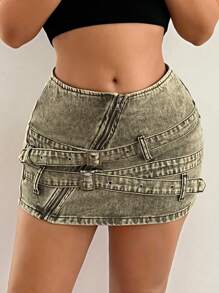 SHEIN ICON Women's Low Waist Denim Mini Skirt With Decorative Buckle