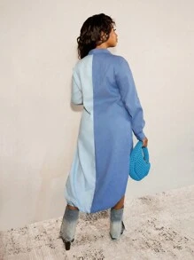 BamGleam Women's Fashion Denim Color Block Splicing Contrast Color Drawstring Front Short Back Long Dress