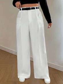 Calvaya Pantalones de corte holgado con diseño de solapas y bolsillos en unicolor, talla grande - Blanco - Ver 1