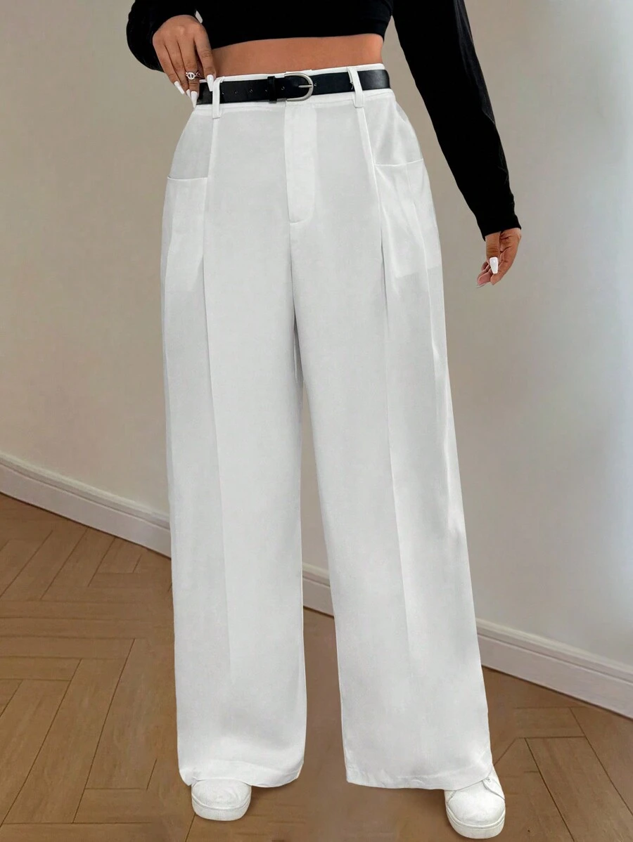 Calvaya Pantalones de corte holgado con diseño de solapas y bolsillos en unicolor, talla grande - Blanco - Ver 1