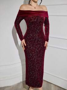 Modelyn 勃艮第红色 1 件优雅天鹅绒花卉印花长袖紧身连衣裙长款女士装长款晚礼服