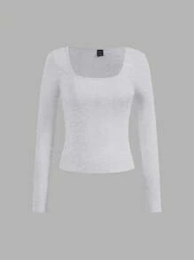 SHEIN Essnce 4 chiếc áo thun tay dài cổ vuông màu trơn đơn giản đa năng dành cho nữ, mùa xuân và mùa hè - Nhiều màu - Xem 11