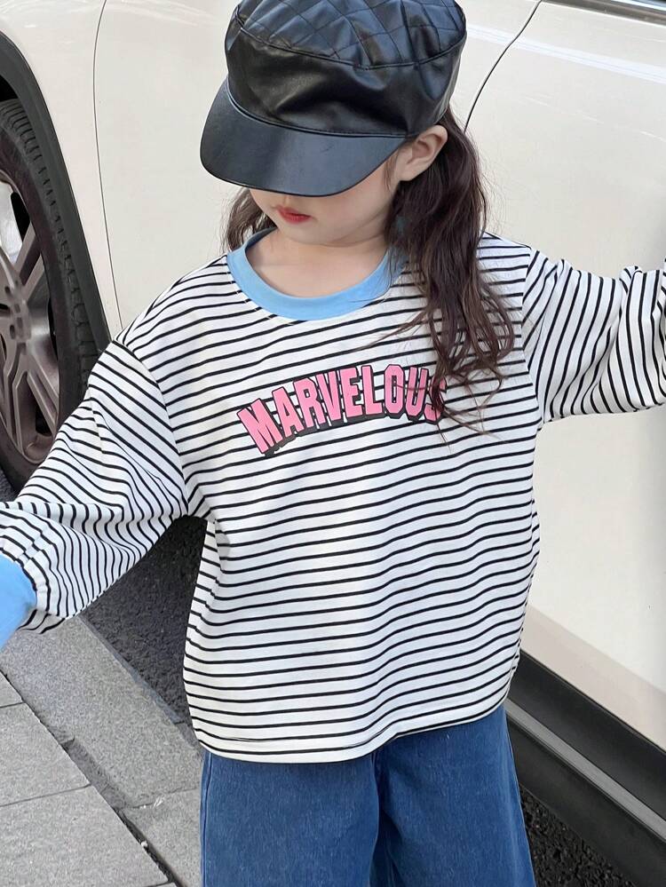 Young Girls' Round Neck Striped Long Sleeve Casual Sweatshirt, Minimalist & Stylish For Everyday Wear