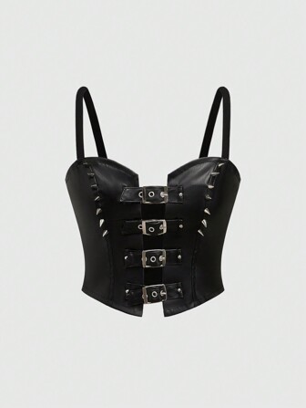 Grunge Punk Rivet Decorated Leather Belt Buckle, Tight-Fitting Tank Top For Women, XS-L