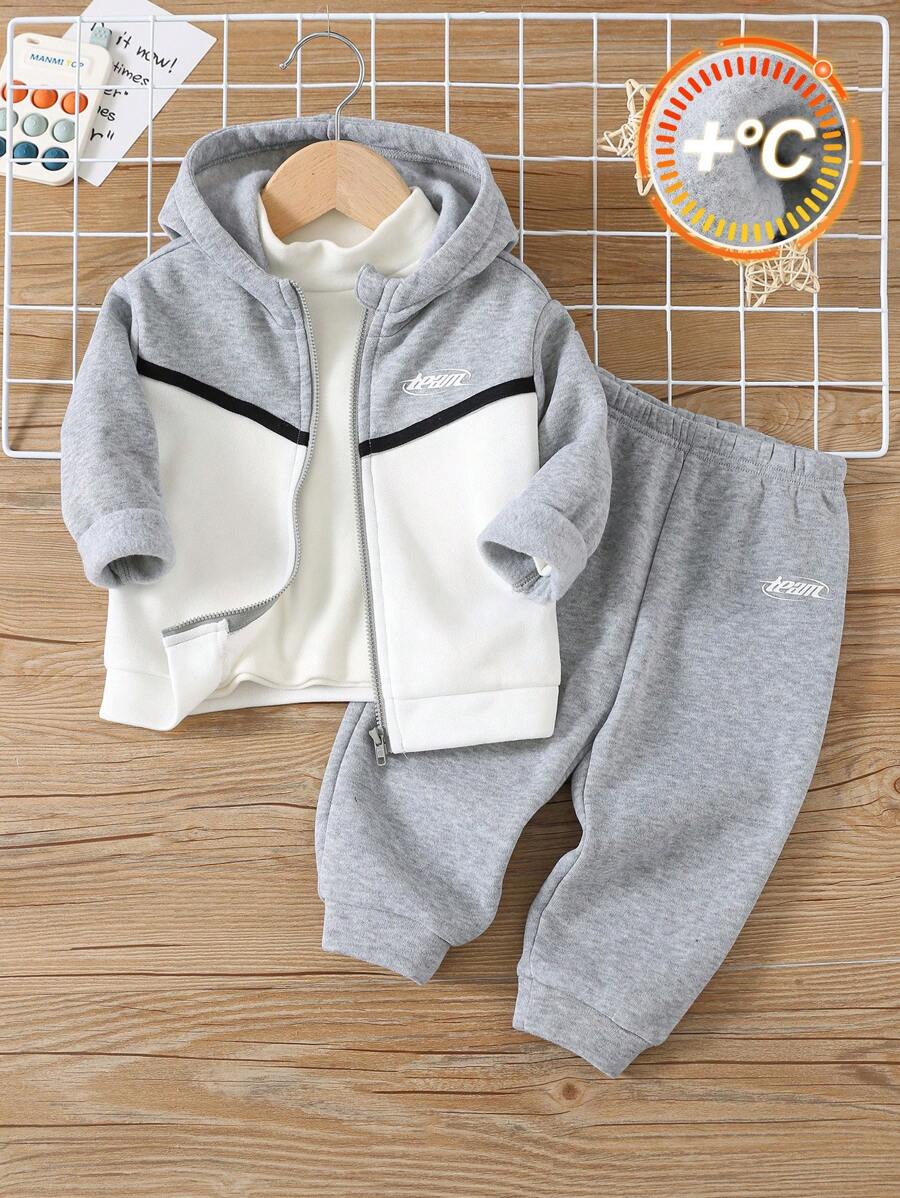 SHEIN Leap Crew 2 件套男婴/女婴花卉印花撞色运动服连帽衫和运动裤，灰色和白色，适合秋冬季休闲、通勤、上学、运动